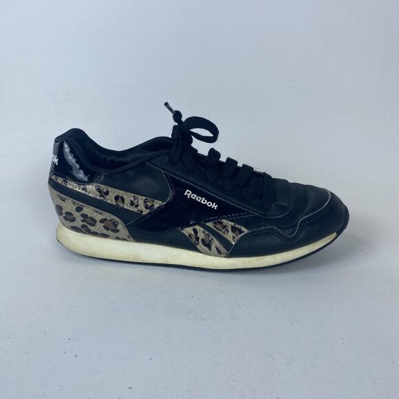 Reebok Royal 422 Sports Shoes Girls Size 4.5 Black Leopard Print Leather Lace up - Picture 9 of 10